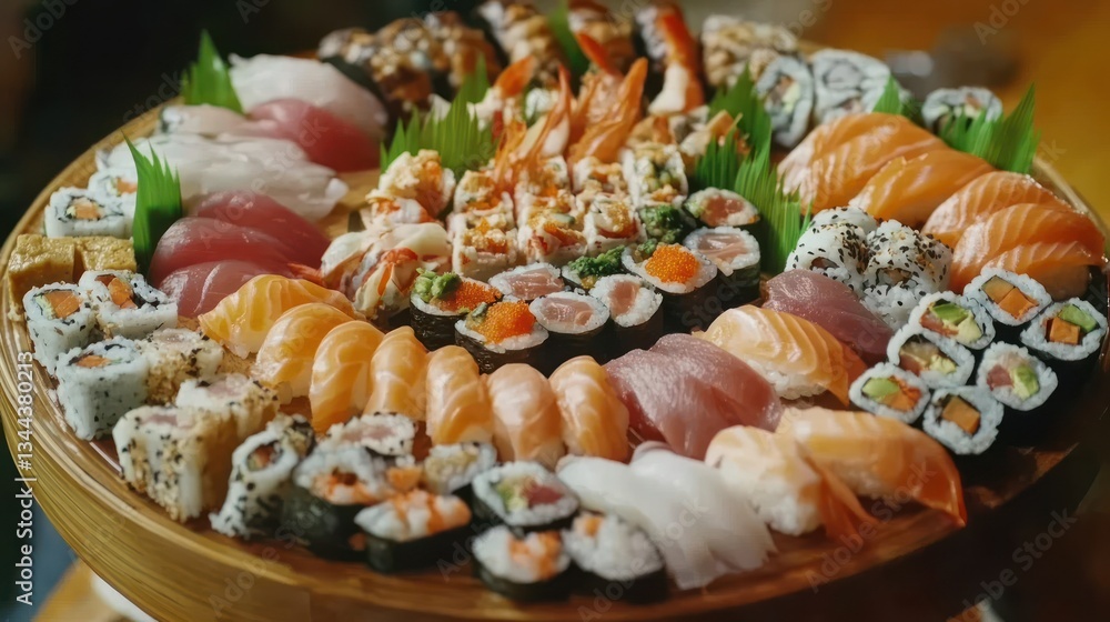Restaurant Sushi Platter, Feast, Wooden, Background, Blurred