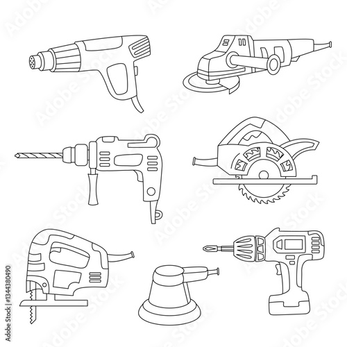 Hand drawn doodle illustration of a power tools set, featuring a heat gun, angle grinder, electric drill, circular saw, jigsaw, orbital sander, and electric screwdriver