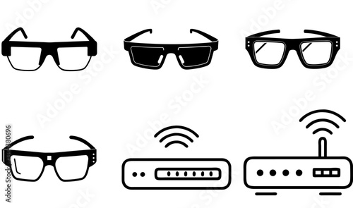 Smart Glasses and WiFi Router Silhouette Icons – Tech Gadget Vector Set