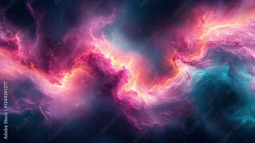 Obraz premium Abstract cosmic nebula with swirling pink, orange, and teal clouds in space.
