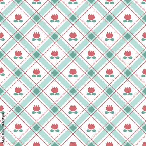 Cute flower or tulip on the tartan seamless pattern. Doodle flora on checked vector for wallpaper, textile, fashion, background, stationary, wrapping, card, and phone cases.