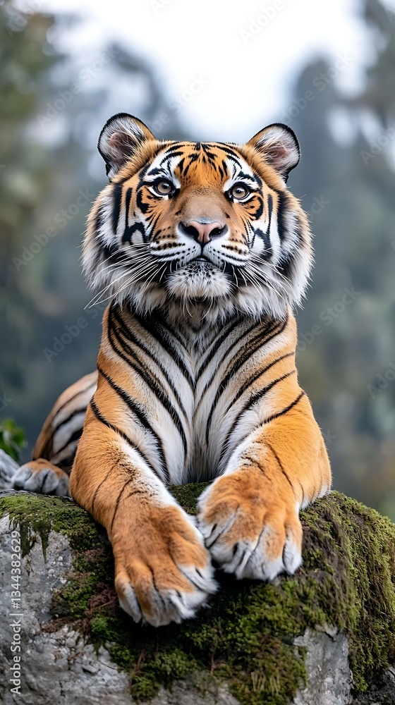 Majestic tiger resting on a mossy rock