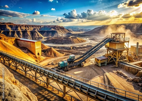 South African Platinum Mine: Open Pit Mining Conveyor Belt, Industrial Landscape