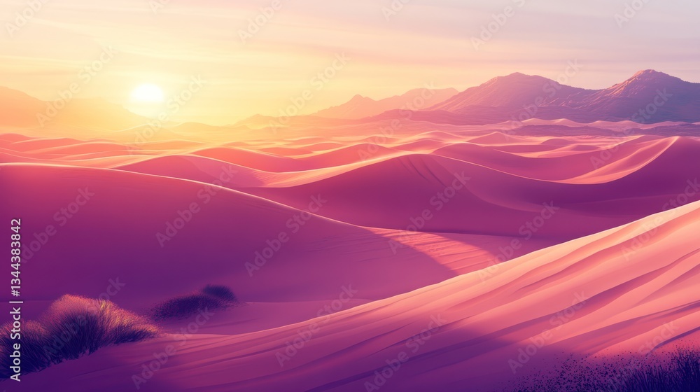 Sunset desert dunes, mountains, peaceful landscape, travel background Sunset desert dunes, mountains, peaceful landscape, travel background