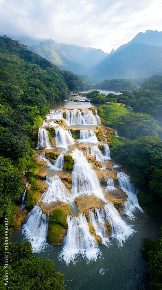 Majestic waterfalls cascading down rocky terrain amidst lush greenery
