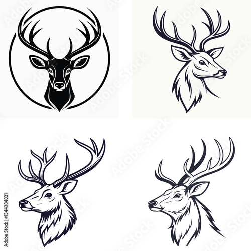 Set of deer icons in black and white with silhouettes and antlers