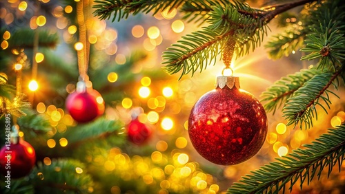 Sparkling Red Christmas Ornament on Lush Tree, Festive Holiday Bokeh Lights