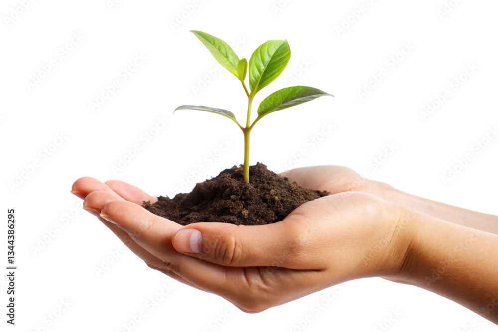 A small green plant seedling in a cupped hand representing growth nurture and new beginnings A small green plant seedling in a cupped hand representing growth nurture and new beginnings