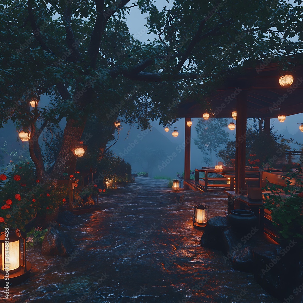 Misty garden path at dusk