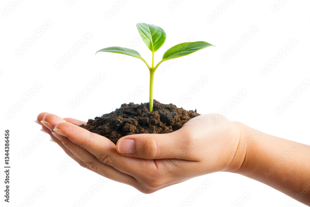 A Small Green Plant Sprout Growing in Dark Soil Held Gently in a Person's Hand Against a Black Background A Small Green Plant Sprout Growing in Dark Soil Held Gently in a Person's Hand Against a Black Background