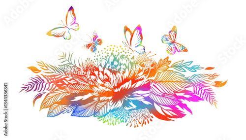 Horizontal floral colored vintage composition with butterflies. hand drawing. Not AI, Vector illustration.