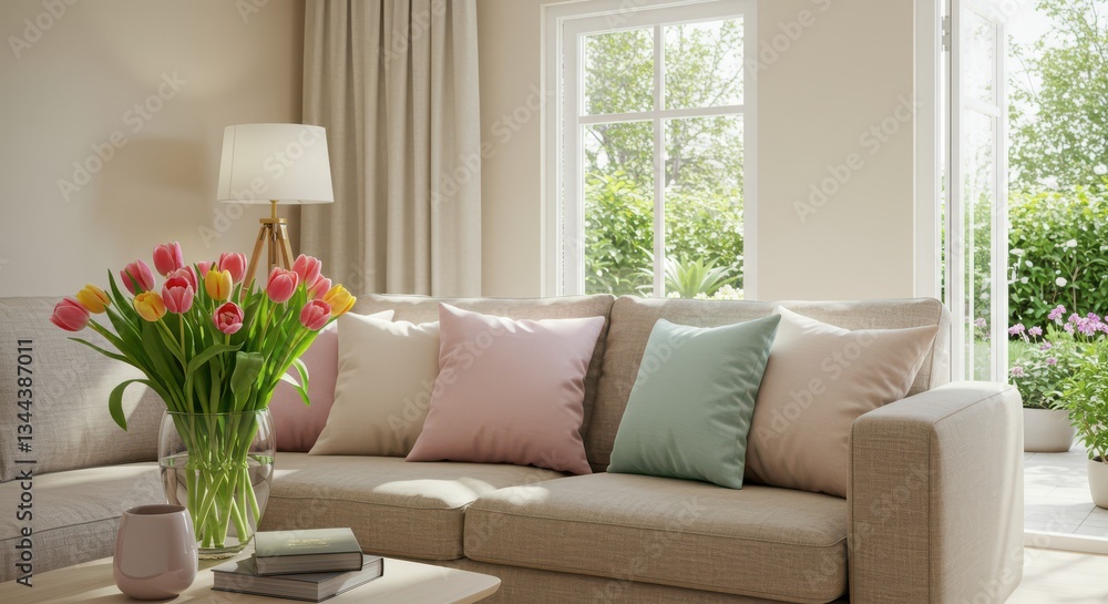 Naklejka premium Living Room with Sofa, Tulips, Natural Light, and Garden View