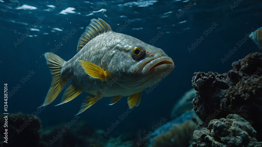 Fototapeta premium Swimming Large Mouth Bass Fish in Deep Blue Ocean Water Scene