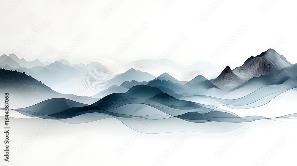 Misty mountain range landscape painting