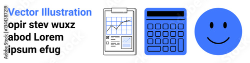 Chart on clipboard with rising trendline, calculator, and smiling face highlight success, productivity, and optimism. Ideal for success strategy, education, business, finance analytics motivation
