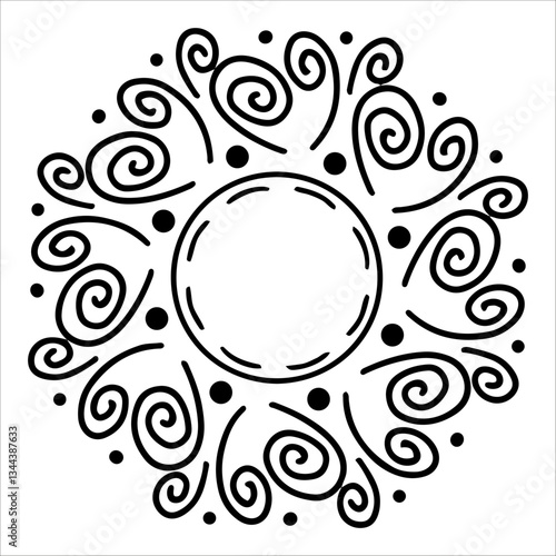 Hand drawn sun with swirling beams in doodle style. Abstract sun with curved lines and decorative twirls isolated on white background. Concept of sun as warmth, energy and creativity in artistic ink