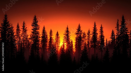 Fiery Sunset Through Pine Forest