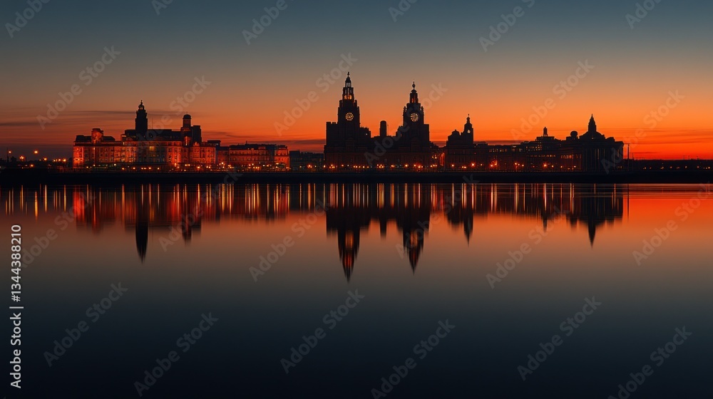 City skyline reflected in tranquil water at sunset City skyline reflected in tranquil water at sunset