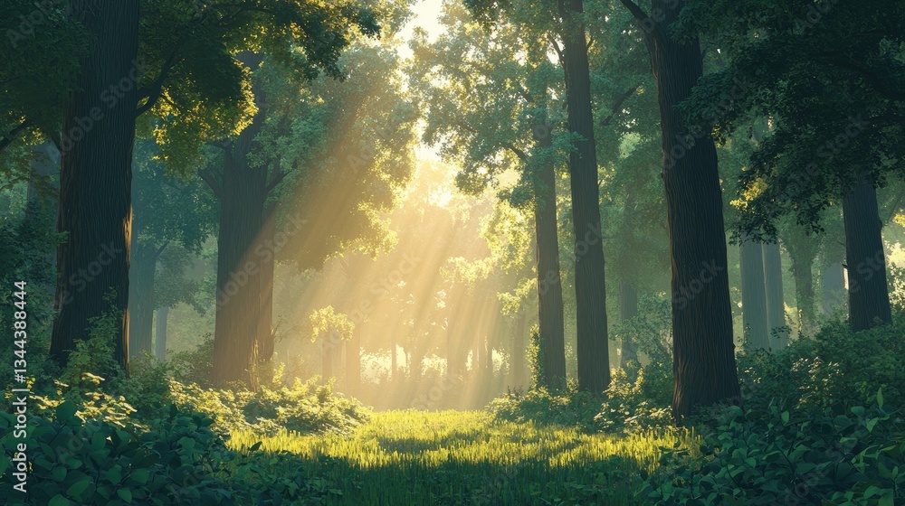 Obraz premium Sunlight Filtering Through Trees in a Lush Green Forest with Vibrant Natural Scenery and Soft Grass Underfoot