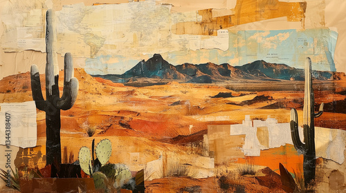 A mixed media collage of a desert landscape, with sand dunes and cacti, layered with torn pieces of old maps and vintage postcards. 