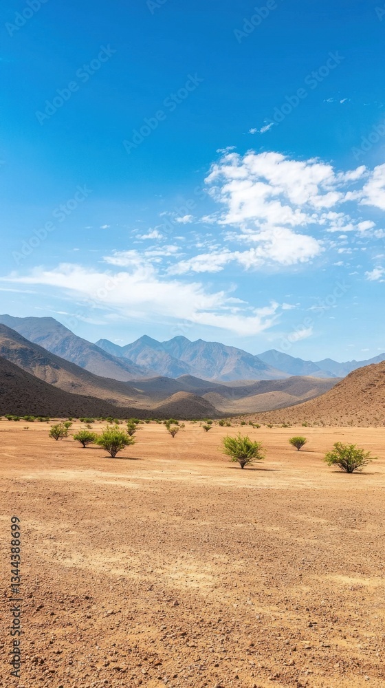 Obraz premium Serene Landscape of Arid Desert with Mountains and Clear Blue Sky