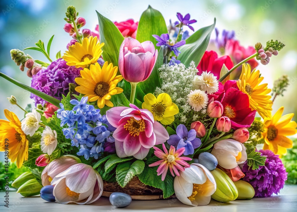 Obraz premium Spring Flowers and Foliage Bouquet - PNG Background