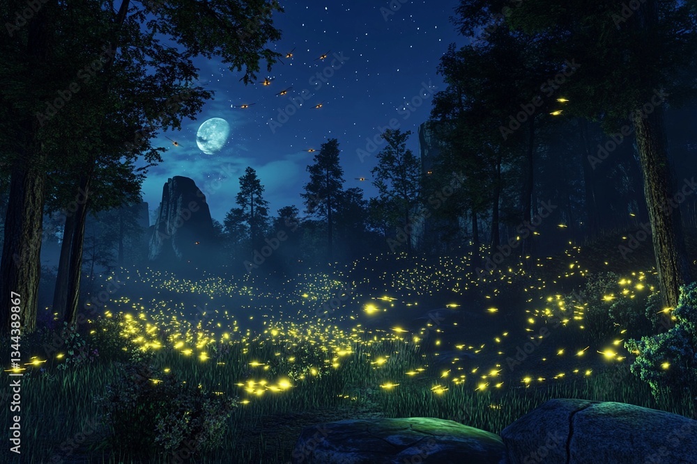 Obraz premium Magical nighttime forest illuminated by glowing fireflies dancing amidst trees and flowers