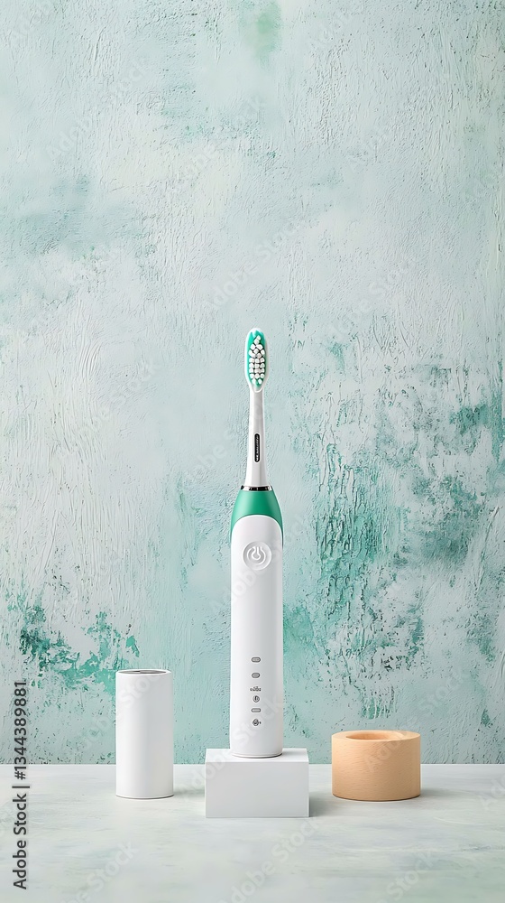 Modern electric toothbrush on podiums, mint green and white