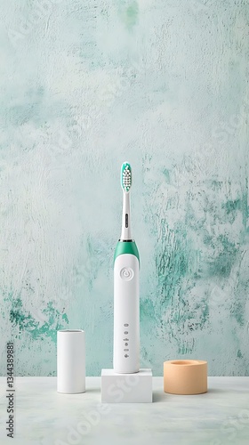 Obraz na płótnie Modern electric toothbrush on podiums, mint green and white w salonie
