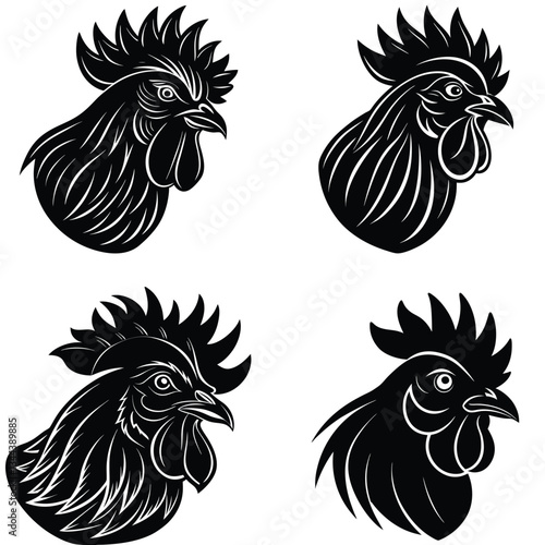 A vector illustration of a set of cartoon roosters and chickens on a farm, featuring various birds in red, white, and natural colors, showcasing feathers, beaks, and domestic farm life