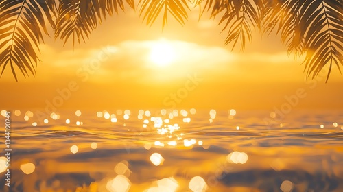 Golden sunset view over ocean with palm fronds, calming background for relaxation
