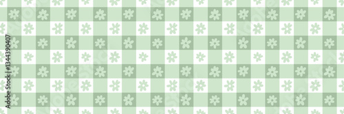 Light green cute girly floral gingham plaid spring vector repeat pattern banner, wide horizontal background design
