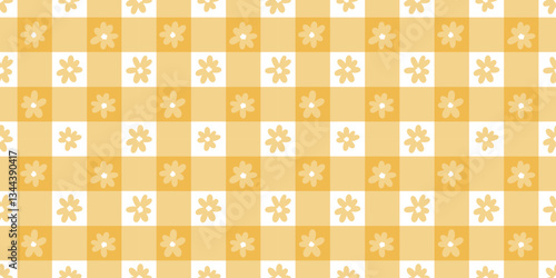 Spring floral vibrant gingham orange yellow vector pattern background, plaid daisy wallpaper design