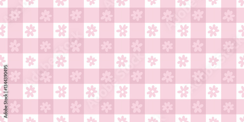 Pastel pink soft girly spring floral daisy gingham plaid check, vector repeat pattern, seamless wallpaper design