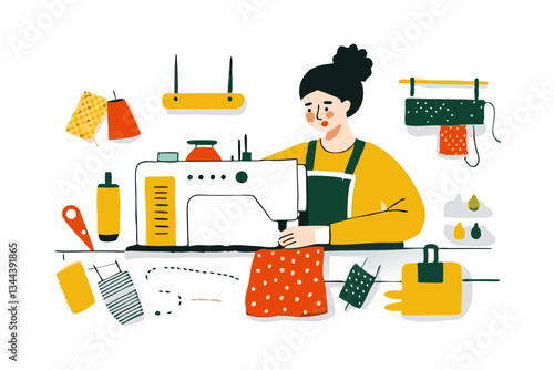 Seamstress at Work: Woman Using Sewing Machine with Colorful Fabrics and Tools in Creative Workspace