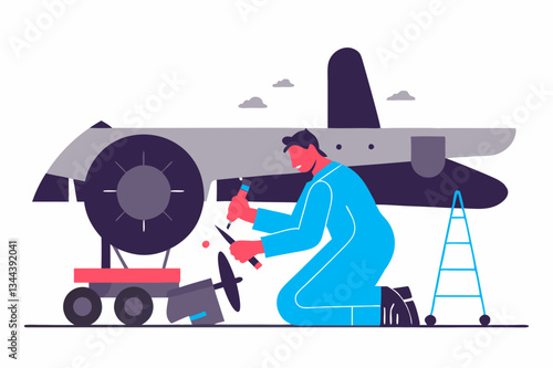 Aircraft Mechanic Working on Jet Engine Maintenance in Modern Aviation Illustration