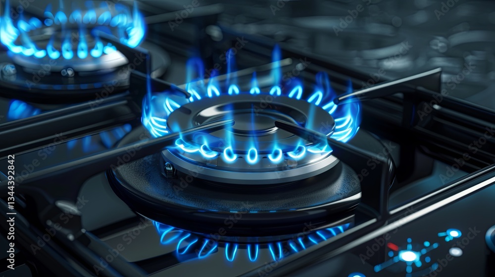 Burning gas stove burner with blue flames highlights rising gas prices during economic crisis in modern kitchen Generative AI Burning gas stove burner with blue flames highlights rising gas prices during economic crisis in modern kitchen Generative AI