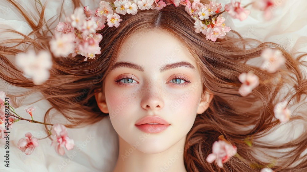 A serene portrait of a young woman adorned with flowers, featuring flowing hair and a peaceful expression, surrounded by delicate petals. A serene portrait of a young woman adorned with flowers, featuring flowing hair and a peaceful expression, surrounded by delicate petals.