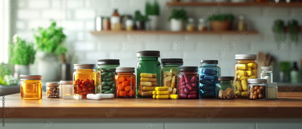 colorful arrangement of various jars filled with dietary supplements and vitamins is displayed wooden kitchen countertop. vibrant colors of capsules and tablets create inviting atmosphere colorful arrangement of various jars filled with dietary supplements and vitamins is displayed wooden kitchen countertop. vibrant colors of capsules and tablets create inviting atmosphere