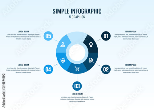 Modern infographics options banner. Modern infographic template. Five color infographic. Infograph with 5 color circles and items. Five steps infographic. Five data infographic, Information graphic