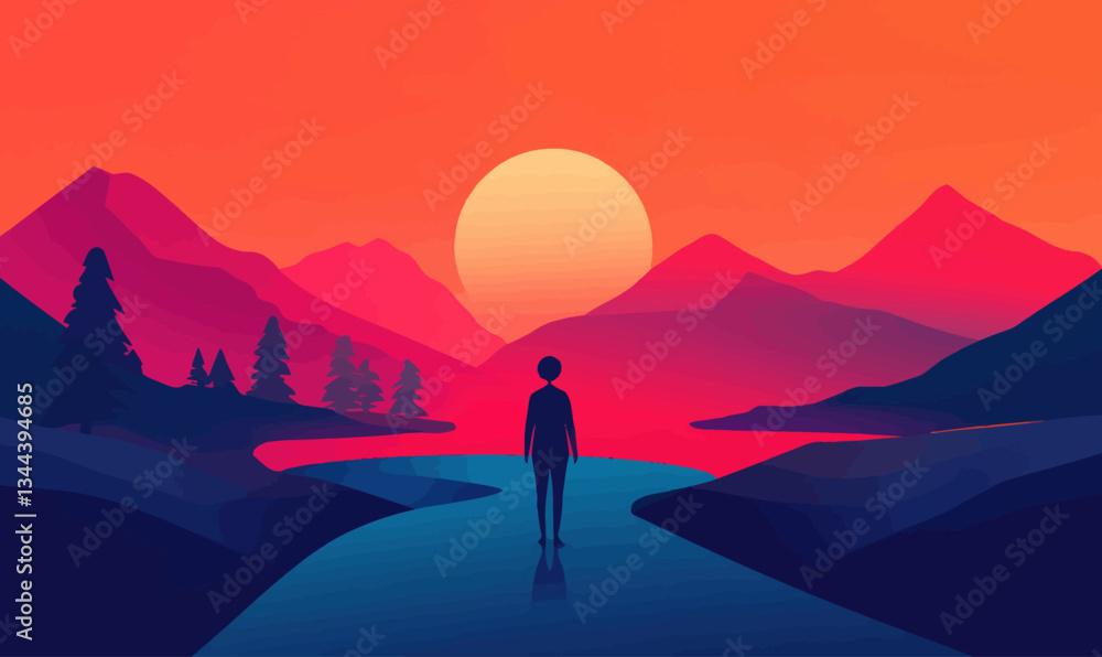 Obraz premium Minimalist Sunset Mountain Scene with Silhouette by River in Adobe Illustrator
