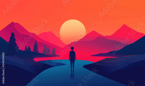 Minimalist Sunset Mountain Scene with Silhouette by River in Adobe Illustrator