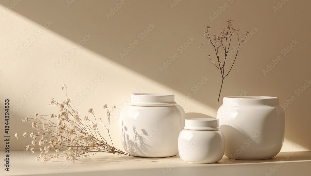 Serene Still Life: White Ceramic Jars with Dried Flowers in Soft Sunlight Serene Still Life: White Ceramic Jars with Dried Flowers in Soft Sunlight