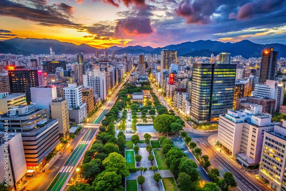 Fototapeta premium Stunning 4K Aerial View of Hiroshima City Center, Japan - Modern Architecture and Urban Landscape