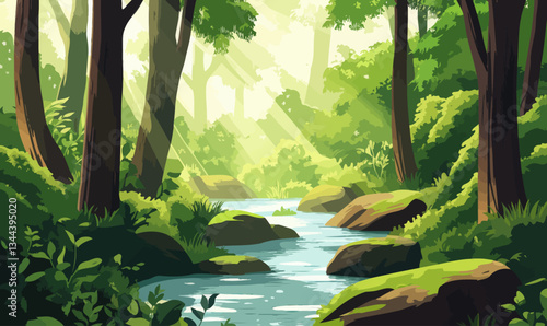 Serene Forest Glade with Sunlit Stream and Mossy Rocks Vector Illustration