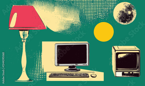 Retro Pop Art Halftone Collage with Vintage Desk Lamp, Computer, Planet, and TV