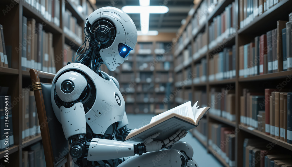 Concept of ai text generation with a robot sitting in a bookstore and reading a book. Concept of ai text generation with a robot sitting in a bookstore and reading a book.
