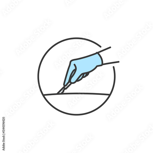 A simple and clean representation of a gloved hand holding a scalpel, symbolizing precision and hygiene in surgical procedures. Designed for clarity and relevance