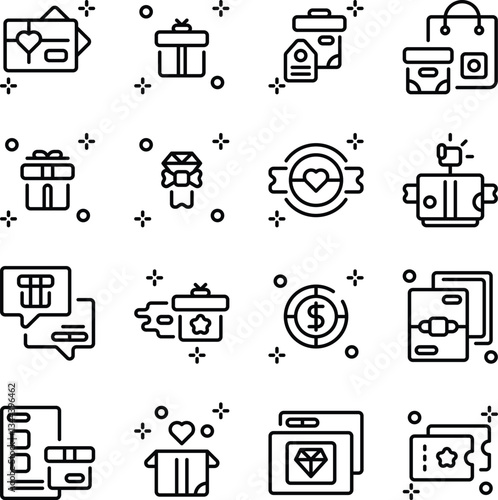 Gift icon set. Includes of present, surprise box, wrapped gift, birthday gift, and More. Outline icons vector collection