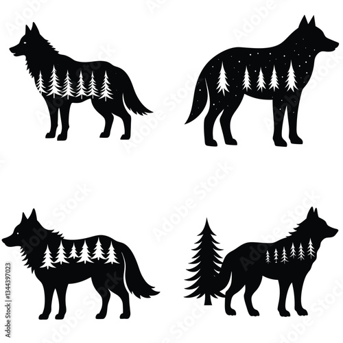 Silhouettes howl a wolf or a dog. Isolated objects, vector illustration, Wolf howling vector silhouette